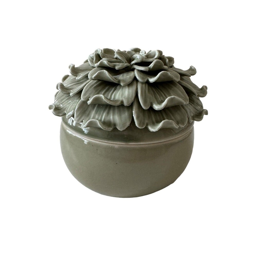 Beautiful Elegant Dahlia Flower Porcelain Trinket Box or Urn Green Glazed New
